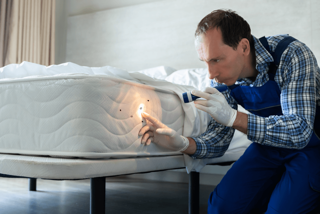 man inspecting mattress